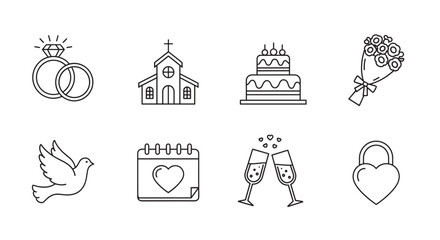 Collection of eight black line icons representing wedding themes, including rings, church, cake, bouquet, dove, calendar, champagne glasses, and lock.