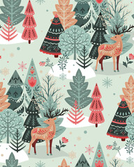 Vector seamless pattern with forest trees, deer, folk ornaments, decorations. Vector endless background of winter Christmas symbols in modern graphic style