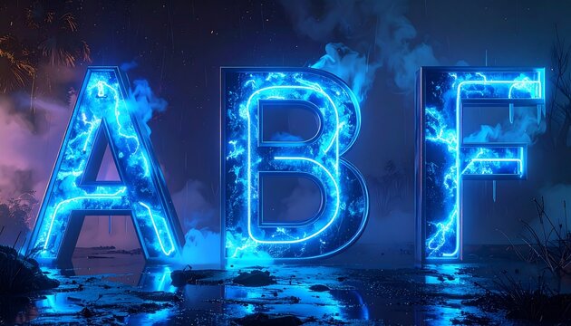 Vivid neon blue letters amidst a foggy, ethereal environment, with light trails and vapor effects