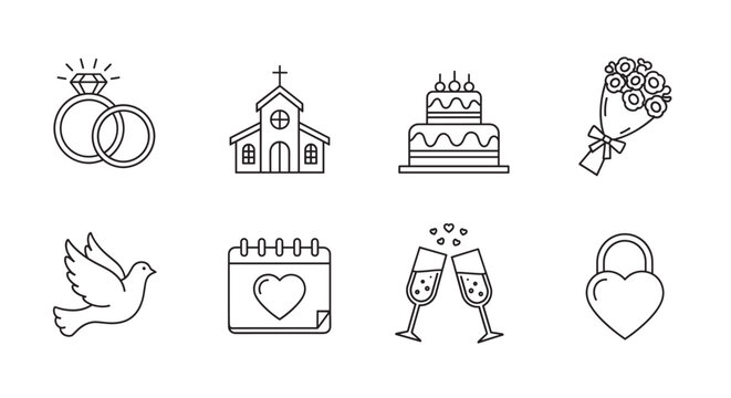Collection of eight black line icons representing wedding themes, including rings, church, cake, bouquet, dove, calendar, champagne glasses, and lock. - Powered by Adobe