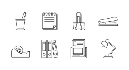 Simple black outline vector icons of various office supplies including a pen holder, notepad, paper clip, stapler, tape dispenser, file folders, organizer, and desk lamp.