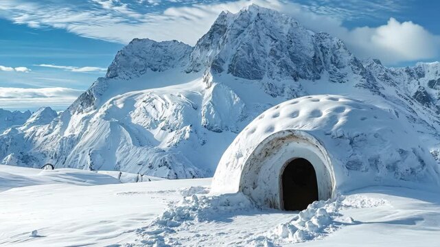 A snow covered igloo in the middle of a snowy mountain range