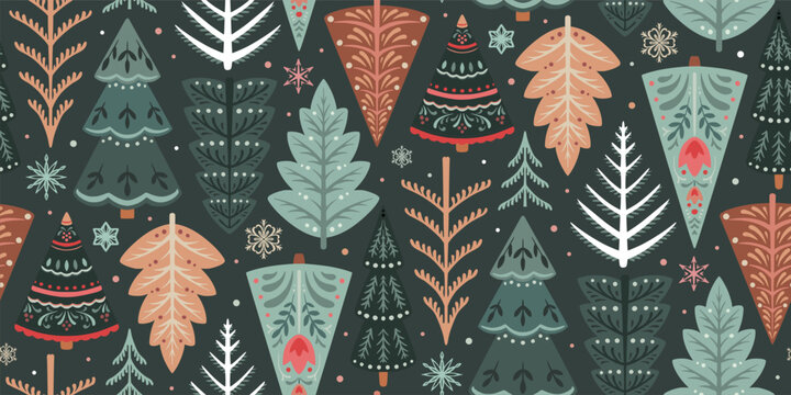 Vector seamless pattern with forest trees, folk ornaments, decorations. Vector endless background of winter Christmas symbols in modern graphic style