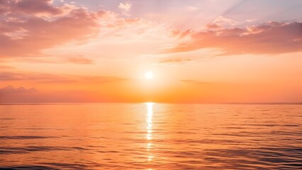 Fototapeta premium Soft Sunlight Spreads Warmly Across The Calm Sea, Illuminating A Quiet Horizon With Gentle Golden Hues And Capturing The Peaceful Essence Of Morning Tranquility And Endless Freedom