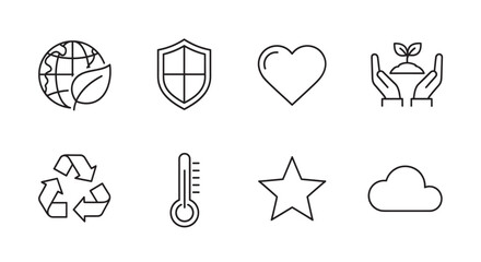 Eight black outline icons including a globe with a leaf, shield, heart, hands holding a plant, recycling symbol, thermometer, star, and cloud.