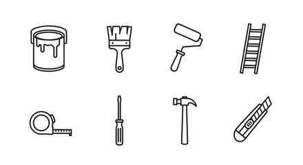 Black outline icons of various construction and painting tools including a paint can, brushes, roller, ladder, tape measure, screwdriver, hammer, and utility knife.