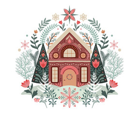 Vector Christmas composition with hand drawn holiday elements, winter houses, trees, flowers, snowflakes. Scandinavian folk ornament