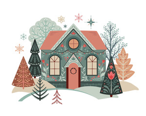 Vector Christmas composition with hand drawn holiday elements, winter houses, trees, flowers, snowflakes. Scandinavian folk ornament