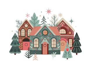 Vector Christmas composition with hand drawn holiday elements, winter houses, trees, flowers, snowflakes. Scandinavian folk ornament