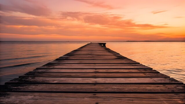 Golden Evening Light Bathes A Tranquil Seascape As Gentle Waves Ripple Against An Aged Wooden Pier, Capturing Peaceful Coastal Serenity And The Timeless Rhythm Of Nature At Sunset