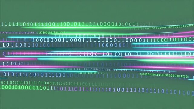 Futuristic Digital Data Streams on Green Screen, Flowing Binary Code and Neon Light Trails.