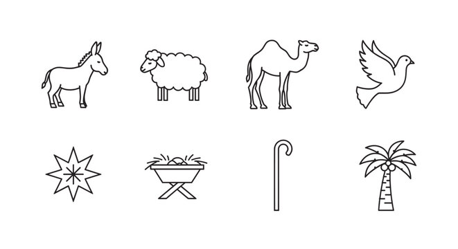 Black outline icons of a donkey, sheep, camel, and dove alongside a star, manger, shepherd's staff, and palm tree symbolizing biblical themes.