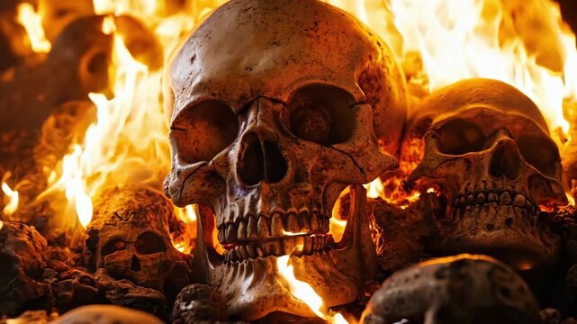 A group of skulls sitting on top of a pile of skulls in flames