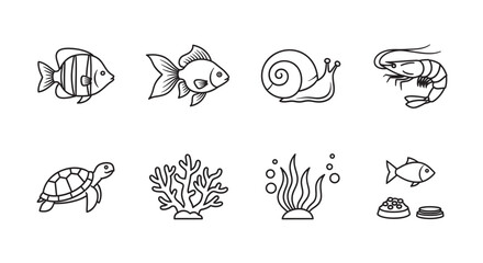 Fototapeta premium Black outline vector icons of aquatic creatures and elements, featuring fish, a snail, a shrimp, a turtle, coral, seaweed, and pet food.