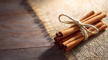 Bunch of cinnamon sticks tied with a rope on a wooden background with copy space, perfect for culinary, natural, and rustic design concepts.
