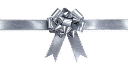 Shiny silver satin ribbon bow for Christmas gift or holiday celebration decoration isolated on white
