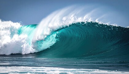 Obraz premium Turquoise ocean wave cresting with white foam under a clear blue sky capturing the raw power of the sea in a tropical setting during daylight
