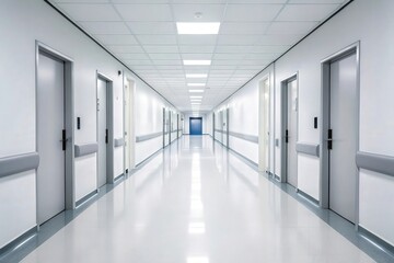 Obraz premium Bright hospital corridor with glossy white floor, symmetrical doors, recessed ceiling lights, and clean minimalist healthcare interior