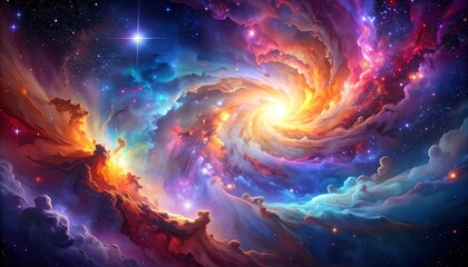Vibrant cosmic swirl of color, swirling clouds, and brilliant light