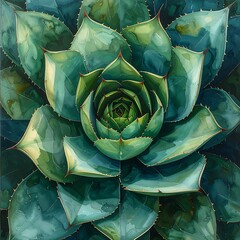 Obraz premium Close-up artistic watercolor painting of a vibrant, textured succulent plant, showcasing shades of teal and green in a symmetrical arrangement