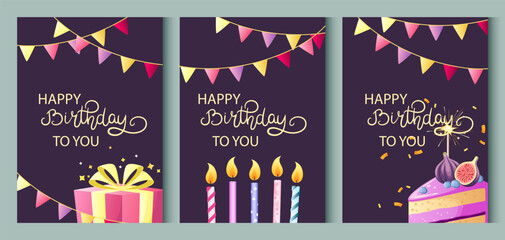 Happy Birthday. Set of colored greeting cards with candles, cake, and flags. Vector illustration.
