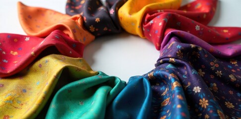 Vibrant scarves and silk ties artfully draped and folded, emphasizing color, texture, and pattern. A dynamic arrangement of richly patterned silk scarves and fine silk ties in various vibrant colors,