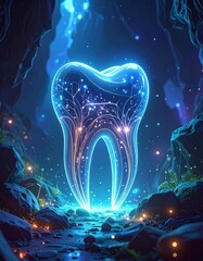 Illuminating digital visualization of nanodentistry glowing molecular particles and tooth in a mystical cave environment