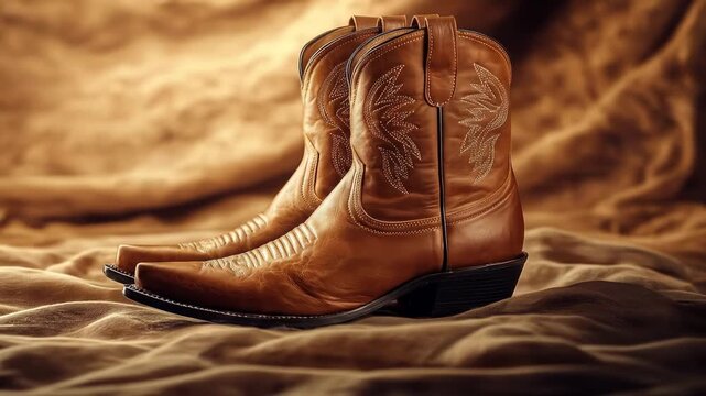 Ornate leather cowboy boots on a draped fabric background