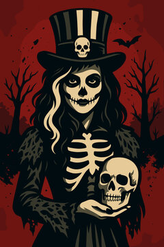 Creepy Skeleton Woman with Skull and Top Hat in Dark Forest &ndash; Gothic Halloween Illustration