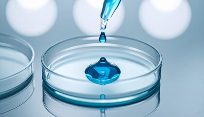 Precision scientific experiment in a laboratory setting, with a dropper carefully adding a vibrant blue liquid to a clear petri dish for detailed chemical analysis and research development