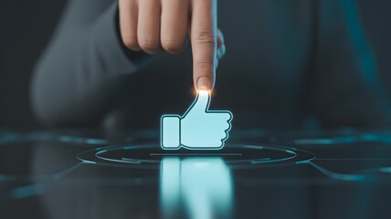 Close up of a person s finger pressing a glowing blue digital thumbs up icon symbolizing approval and positive feedback in technology