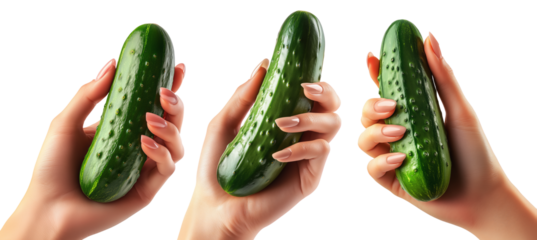 Hand holding a fresh green cucumber, isolated on white transparent background, concept of healthy eating.