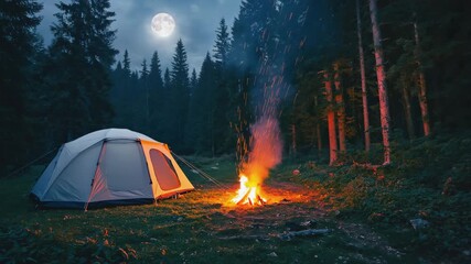 Camping tent illuminated by a warm campfire under a bright full moon in a serene forest at night - Powered by Adobe