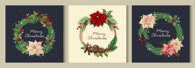 Christmas wreaths with pine cones, holly, and poinsettias. Vector.