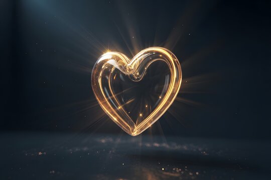 A luminous golden heart shape glows with ethereal light and sparkling particles against a dark moody background - Powered by Adobe