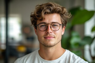 Fototapeta premium Confident young man with glasses standing and smiling in a modern office environment, expressing positivity and confidence in his professional workspace, Generative AI