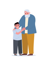 Grandfather hugs his grandson. Happy family. Vector flat graphics.