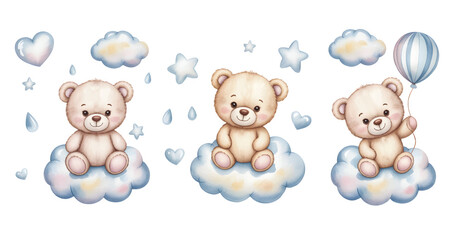 Cute nursery teddy bear illustration with clouds and stars. Baby bear watercolor art for kids room and birthday decor.
