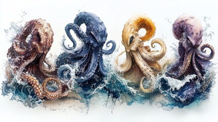 Four Colorful Octopuses Splashing Ocean