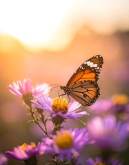 Obraz premium Close-up of an orange and black butterfly perched on a purple flower, backlit by a warm, golden sunset. Soft focus in the background
