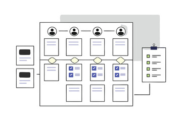 Workflow diagram with user icons and checklist simple line art vector illustration for business process management isolated on white background
