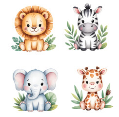 Watercolor Safari Animal Illustrations. Cute safari animals with tropical leaves illustration.
