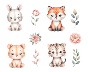 
Watercolor woodland babies with soft floral accents. Cute baby animals and botanical elements illustration