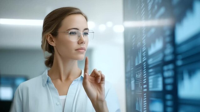 female administrator reviewing predictive analytics on large interactive wall display subtle data hum futuristic logistics center three quarter wide angle cinematic color