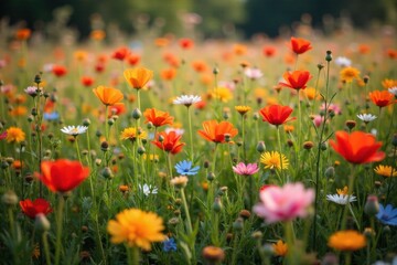 Joyful spring meadow adorned with colorful, dancing bunting flags, evoking a feeling of carefree celebration and outdoor happiness. A wide angle shot of a sun drenched meadow filled with a profusion