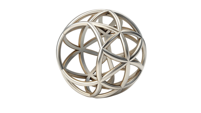 Intricate geometric metal sphere sculpture isolated on transparent background