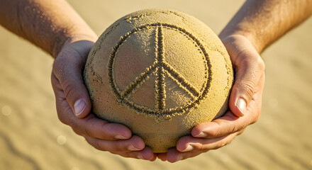 Hopeful hands cradle a sand sphere etched with the iconic peace symbol, a gentle reminder of tranquility and unity on a sunlit beach.