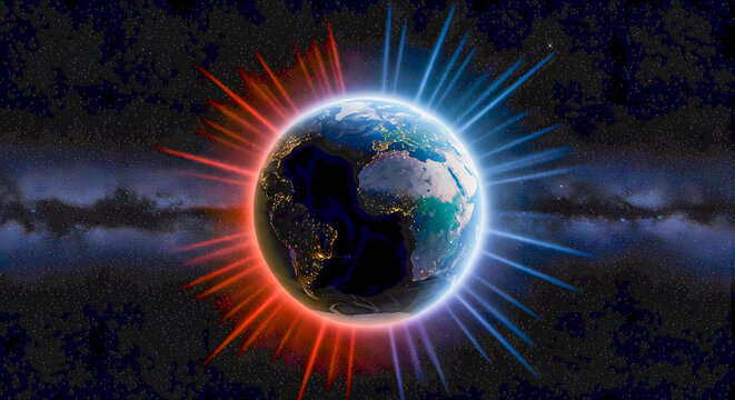 Energetic Earth pulsates with vibrant red and blue light rays against a cosmic starry backdrop, symbolizing global forces at play