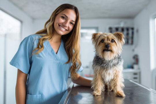 Smiling young veterinarian in blue scrubs with a small Yorkshire Terrier on a stainless steel exam table in a bright modern veterinary clinic