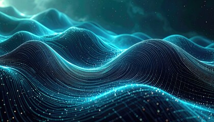Captivating abstract illustration presents undulating lines in shades of blue and teal, forming a digital landscape with glistening particles scattered across the surface, evocative of data streams...